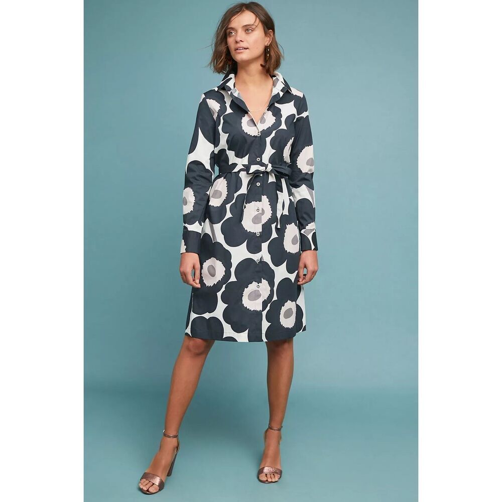 Marimekko Anthropologie Women’s Trina Black White Floral Shirtdress Missing Wais